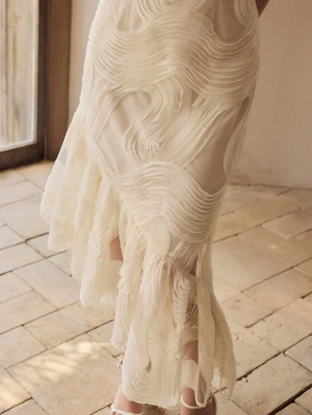 Apricot Elegant Asymmetrical Ruffle Hem Tie-Back Cinched Waist Women's Dress - Picture 4 of 7